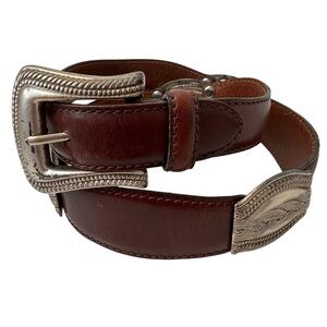 FOSSIL Vintage Brown Leather Western Concho Belt w Silver-Tone Buckle & Accents